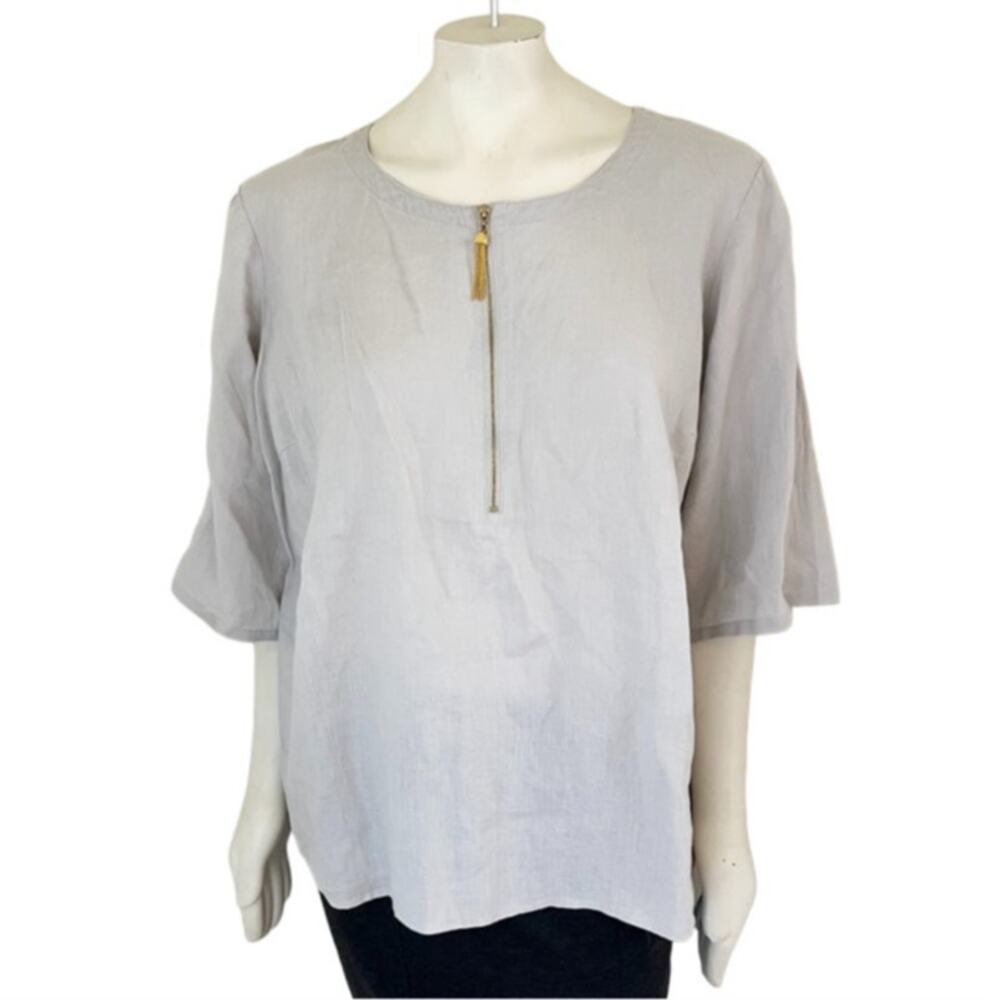 ELLEN TRACY 100% Linen Hi Low Tunic  Roll tab sleeve Gold zip Back slit  SZ 1X